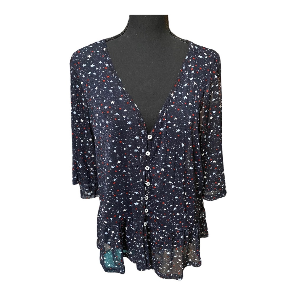 Lane Bryant All Over Star Print 4th of July Button Front Peplum Top Plus 14/16